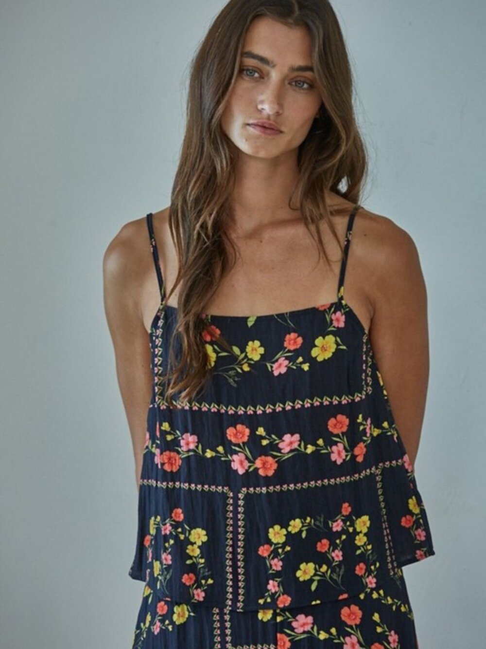 NWT By Together Black Fete Cami Top with Vibrant Pink & Coral Floral - Side Zip